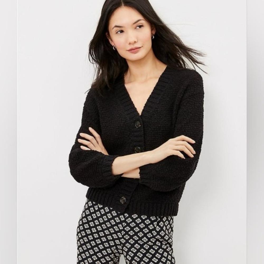 LOFT Women’s Black V-Neck Cardigan‎ Sweater 3/4 Sleeves XS Capsule Office